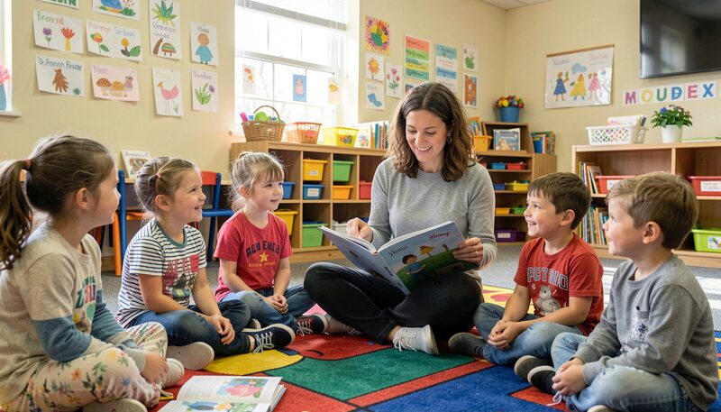 Children sitting on a carpet around a teacher holding an open picture book in a bright Sunday school room with paper crafts on the walls.