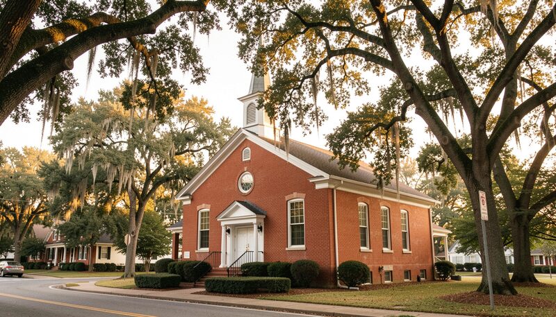 A red brick church with white trim and a modest white steeple on a quiet residential street in Macon, Georgia, under mature oak trees in late afternoon light