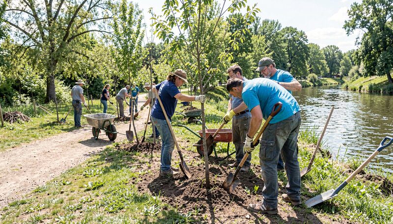 Volunteers in work gloves planting young trees along a riverside park trail on a bright morning.